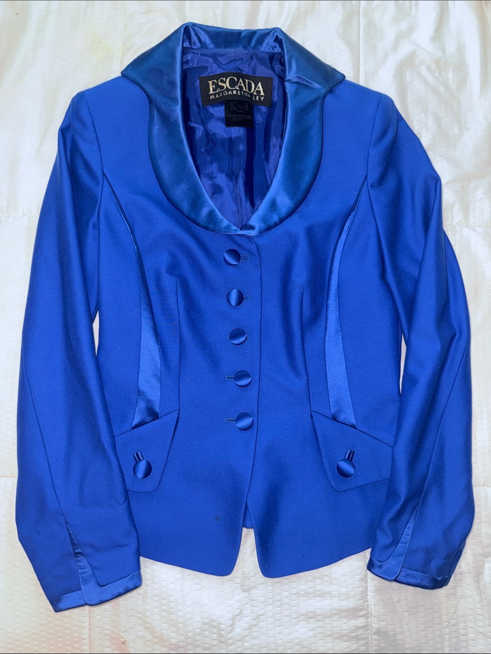 ELEGANT ESCADA Cobalt Blue 🦋Satin-Trim Button Front TUX Blazer
